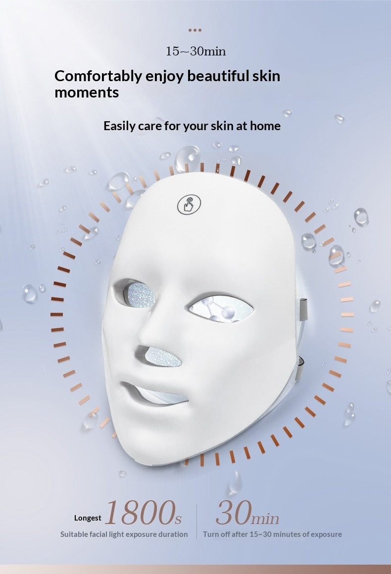 LED Facial Mask con instrucciones para uso de 15 a 30 minutos en casa para el cuidado de la piel.