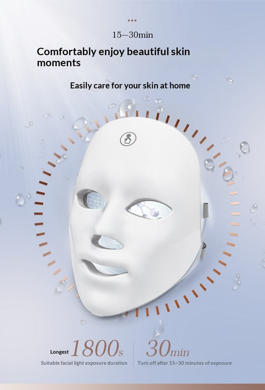 LED Facial Mask con instrucciones para uso de 15 a 30 minutos en casa para el cuidado de la piel.